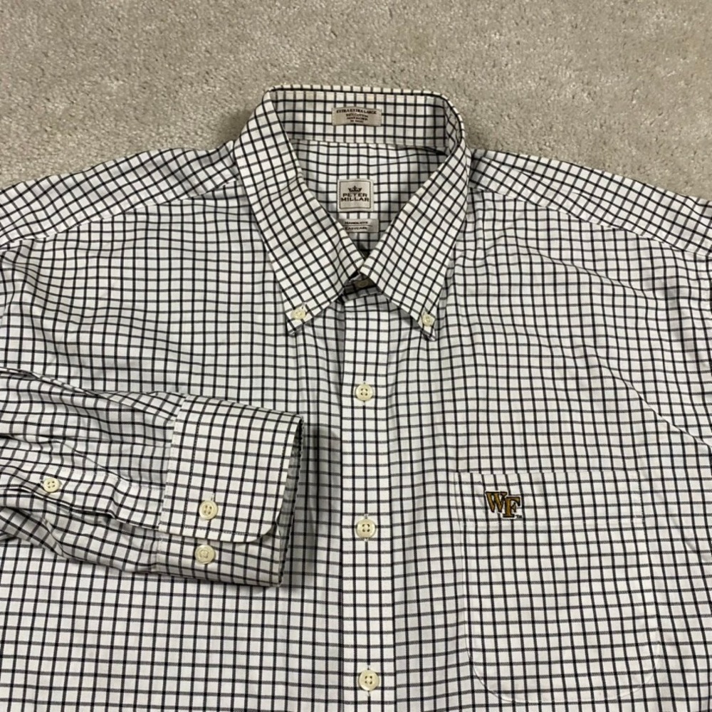 Peter Millar Wake Forest Shirt Mens XXL Nanoluxe Tattersall White Navy Blue